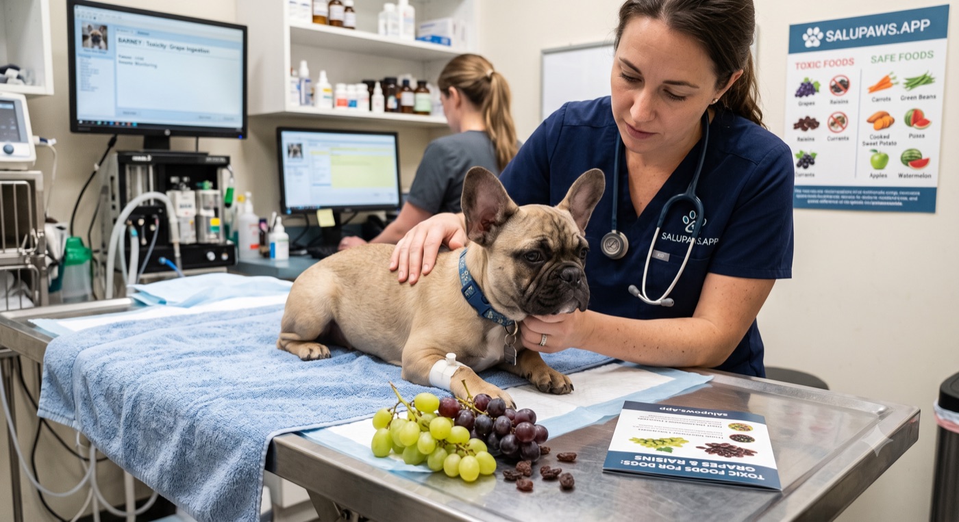 Vet checking a French Bulldog at a clinic after grape ingestion, with fresh grapes and raisins on the examination table